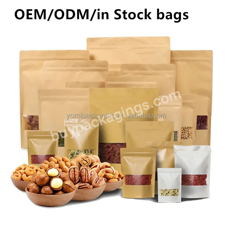 Custom Food Packaging Bag With Clear Window Kraft Paper Stand Up Pouch Bag For Nuts Powder Snack Packaging With Zipper