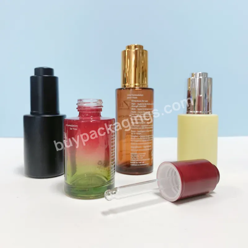 Custom Frosted Serum Oil Bottle Push Button Cap Pink Purple Blue White Color Glass Cosmetic Press Pump Dropper Bottle