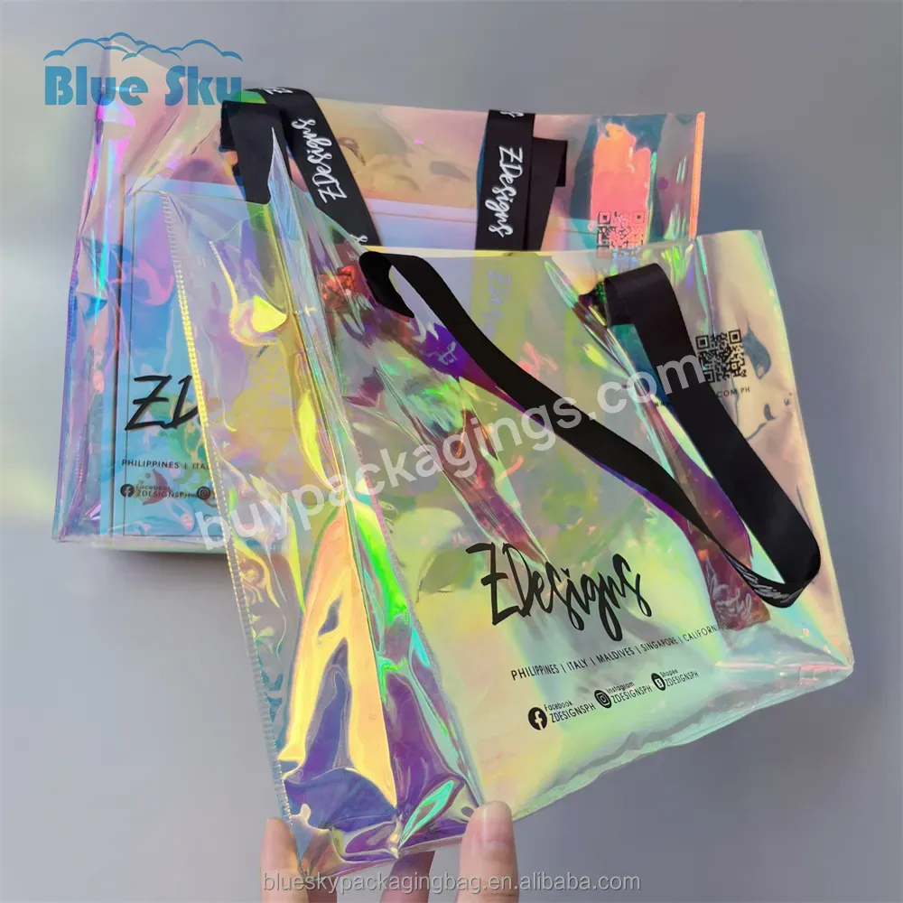 Custom Full Color Holographic Pvc Beach Tote Bag Transparent Laser Tote Bag Transparent Rainbow Shopping Bag With Logo