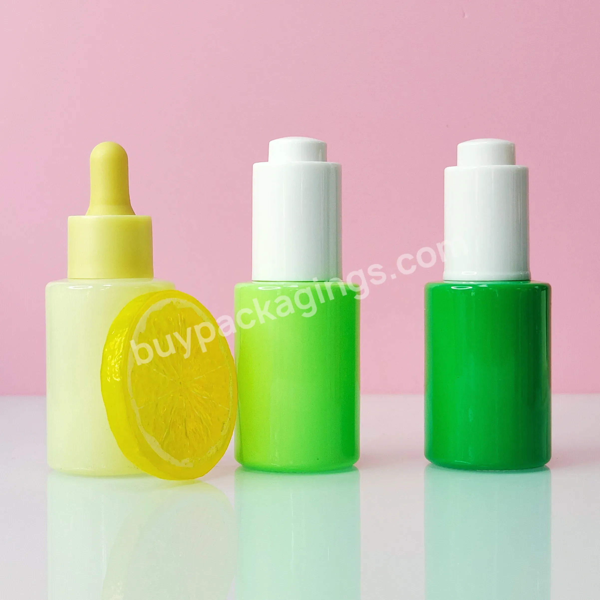 Custom Glass Cosmetic Serum Bottle 30 Ml 1oz Yellow Green Flat Shoulder Dropper Bottle For Essential Oils