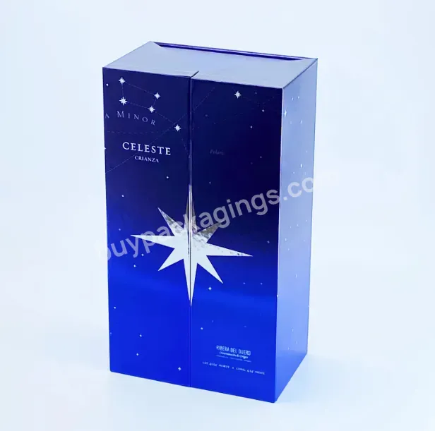 Custom Glossy Blue Wine Box Sturdy Cardboard Paper Packaging Slivery Foildoor Style Single/double Champagne Packing With Insert