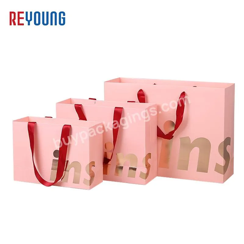 Custom Gold Foil Logo Printed Matt Finish Pink Boutique Bag Paper Shopping Bag With Grosgrain Ribbon Handle