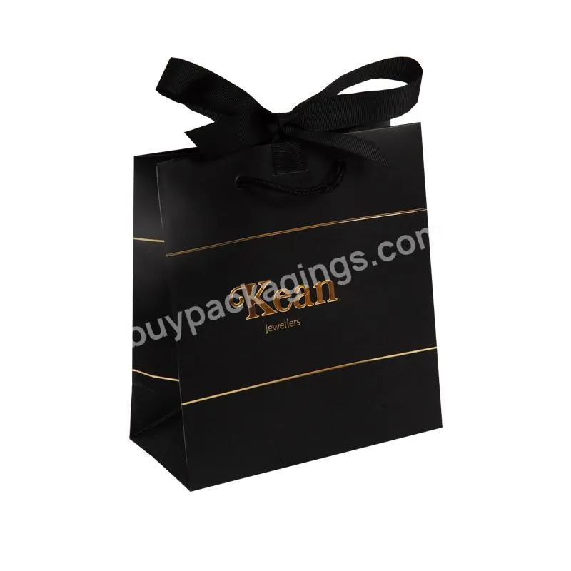 Custom gold foil print decorative handmade recycle extra large black background paper gift shopping bags with ribbon handle