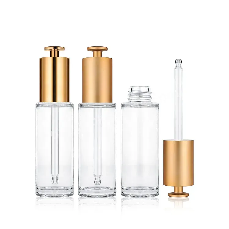 Custom Gold Frosted Electroplate Press Pump Cap Cosmetic Packaging Bottle 30ml Luxury Serum Essential Oil Plastic Dropper Bottle