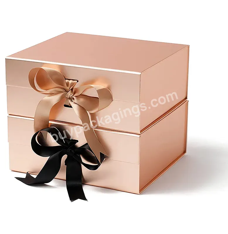 Custom Golden Cardboard Boxes With Ribbon Folding Box For Human Hair Extension Wig Human Hair Beauty Products Packaging Box