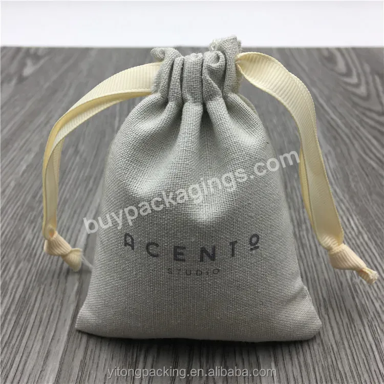 Custom Grey Small Linen Drawstring Shopping Bag With Printing