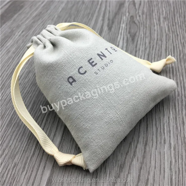 Custom Grey Small Linen Drawstring Shopping Bag With Printing