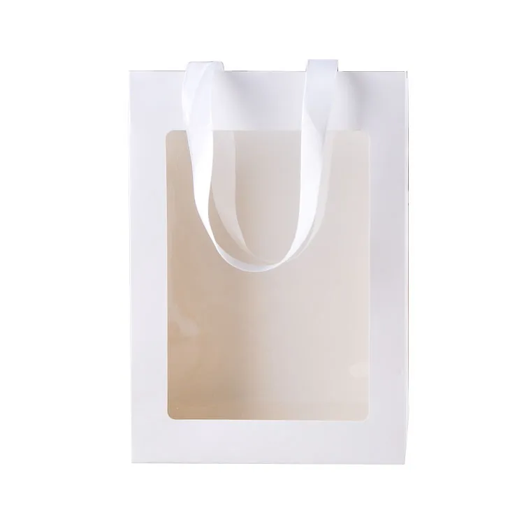 Custom guangzhou white luxury glossy medium sized paper bags white kraft shopping gift bag with ribbon handle and clear window