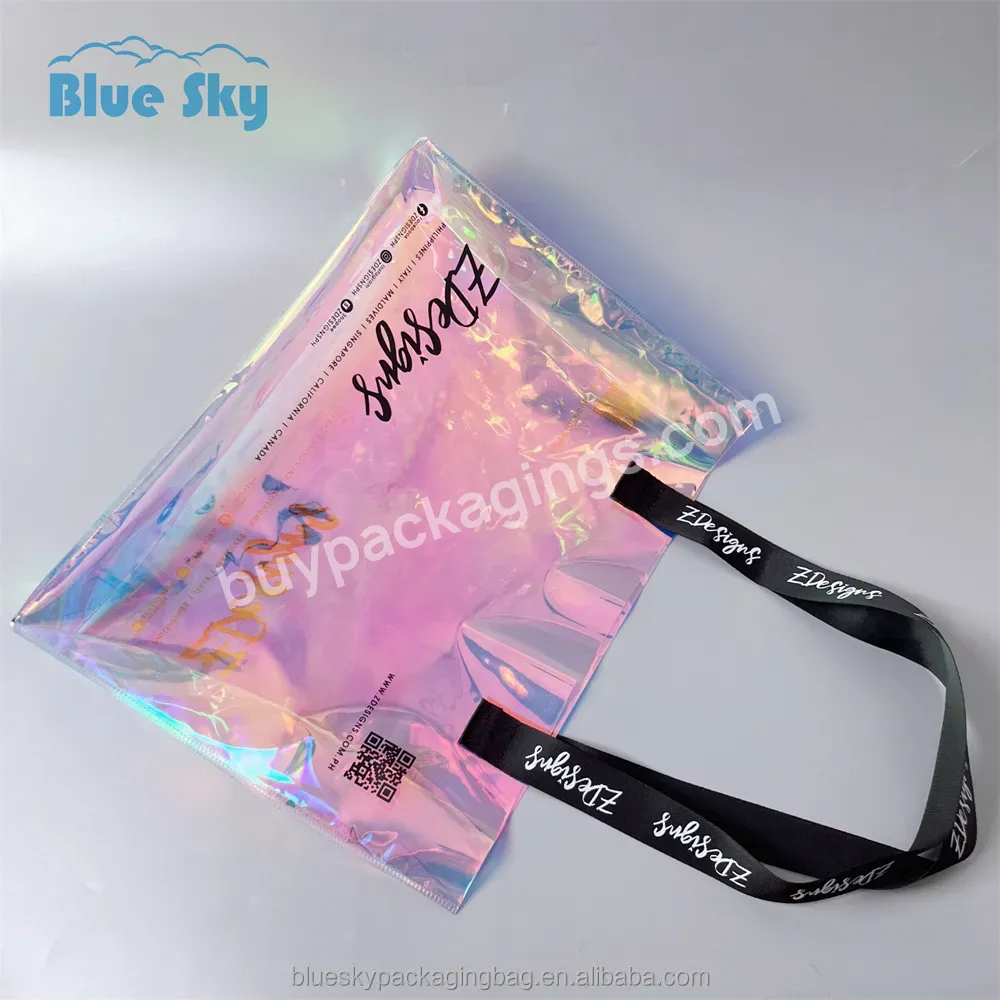 Custom Holographic Pvc Beach Tote Bag Transparent Laser Tote Bag Transparent Rainbow Shopping Bag With Logo