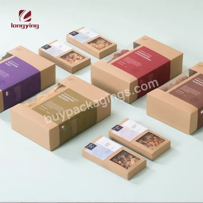 Custom Kraft Papers Card Box With Pvc Windows Logo Tag For Tamarind Mango Figs Pecan Almond Walnuts Dry Fruits Packaging Box