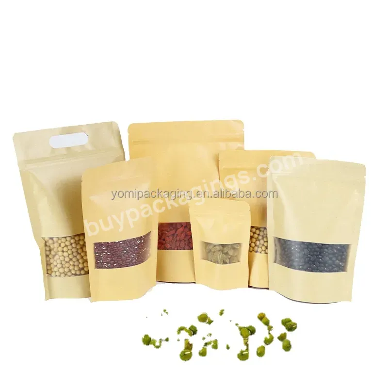 Custom Labels Stand Up Zip Lock Cashew Nuts Rice Packaging Kraft Paper Bag With Handle