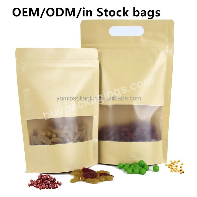 Custom Labels Stand Up Zip Lock Cashew Nuts Rice Packaging Kraft Paper Bag With Handle