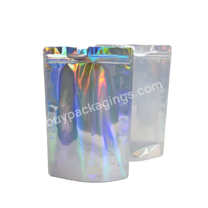 Custom Laser Film Packing One Side Clear Stand Up Pouch Holographic Cosmetic Bag