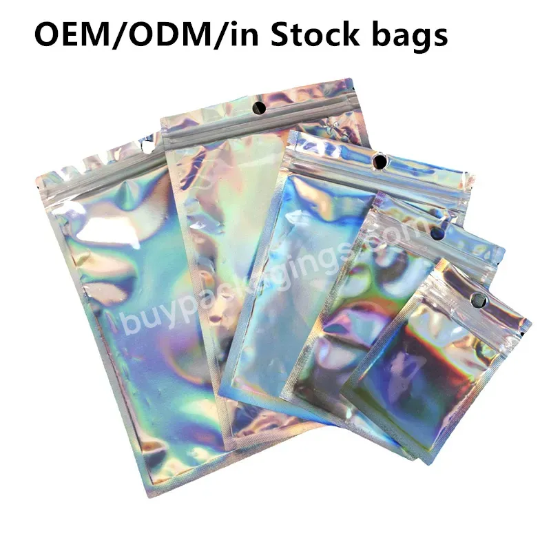 Custom Laser Foil Front Side Transparent Cosmetic Holographic Mylar Zipper Bags With Window