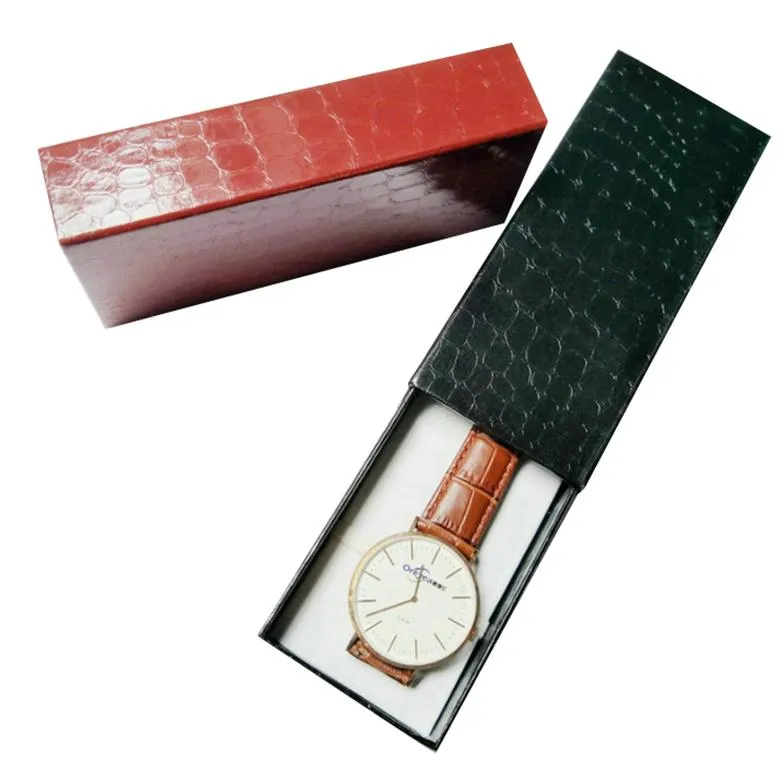 Custom leather texture black paper sliding drawer box for wrist watch band watch strap packaging