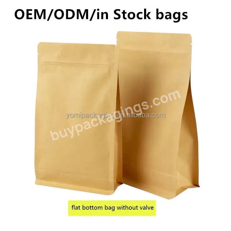 Custom Logo 250g,500g Flat Bottom Biodegradable Kraft Paper Coffee Bag With Valve