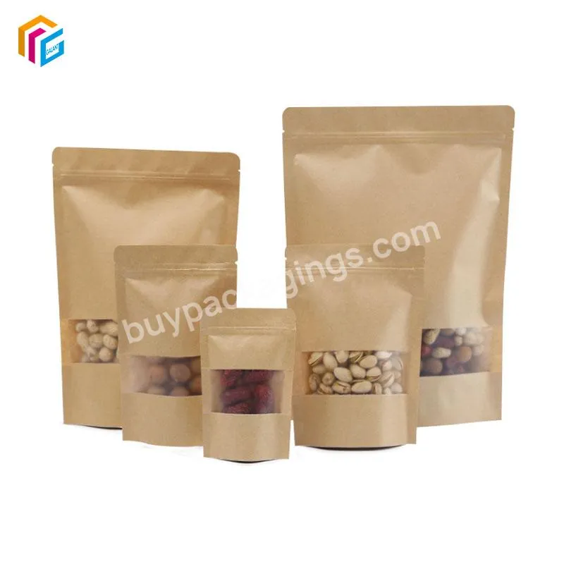 Custom Logo Biodegradable Food Grade Nut Snack Chips Packaging Zipper Bag Kraft Paper Stand Up Pouch
