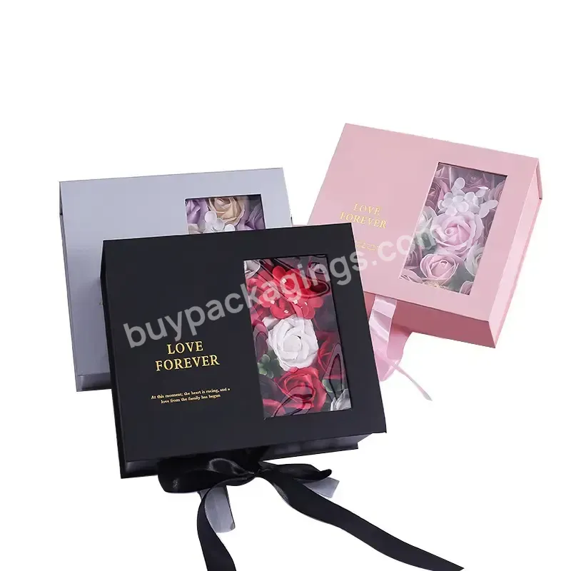 Custom Logo Birthday Magnetic Gift Packaging Box With Magnetic Lid Black Opening Window Rose Gift Cardboard Paper Boxes