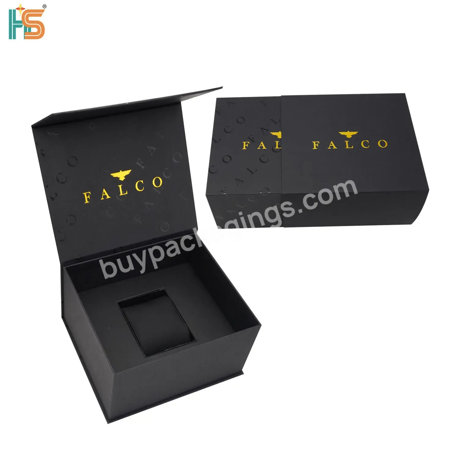 Custom Logo Black Magnetic Flip Rigid Boxes Luxury Watch Gift Box Packaging For Men