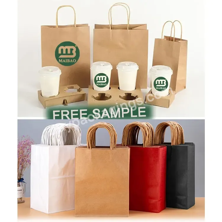 Custom Logo Brown Delivery For Coffee To Go Food Packaging Gift Bag Restaurant Takeaway Shopping Kraft Paper Bag With Handle