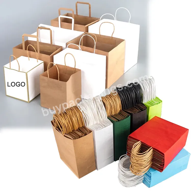 Custom Logo Catering Shopping Packaging Bag Restaurant Grocery Delivery Fast Food Take Away Kraft Paper Bag With Flat Handle