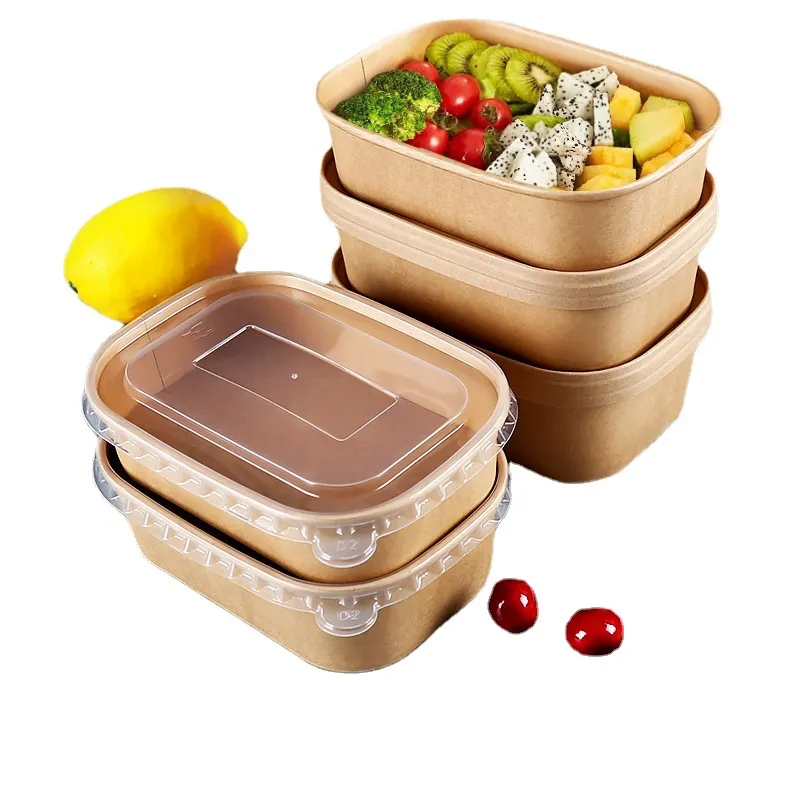 Custom Logo Disposable Kraft Paper Packaging Leather Lunch Rectangular Rectangle Round Corner Takeaway Fast Food Bag Box