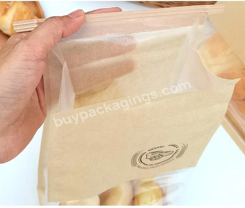 Custom Logo Eco Friendly Kraft Paper Degradable Transparent Plastic Laminated Bread Bag Flat Bottom Bottom Gusset Toast Bag