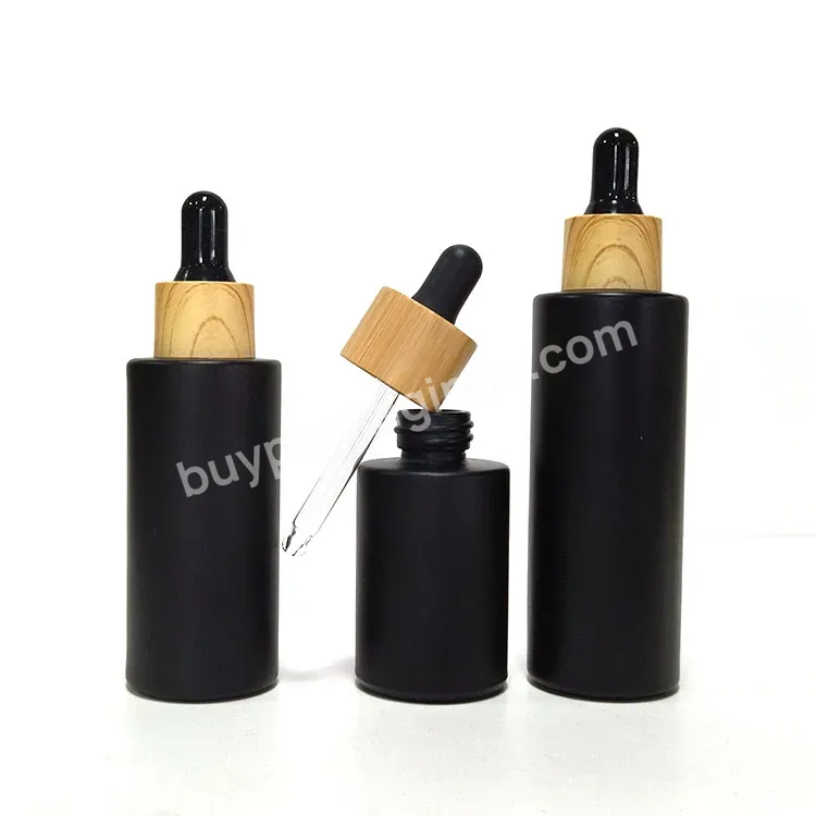 Custom Logo Empty Round Black 30ml Glass Frosted Serum Facial Oil Bottle 50ml 60ml With Wood Transfer Dropper Lids