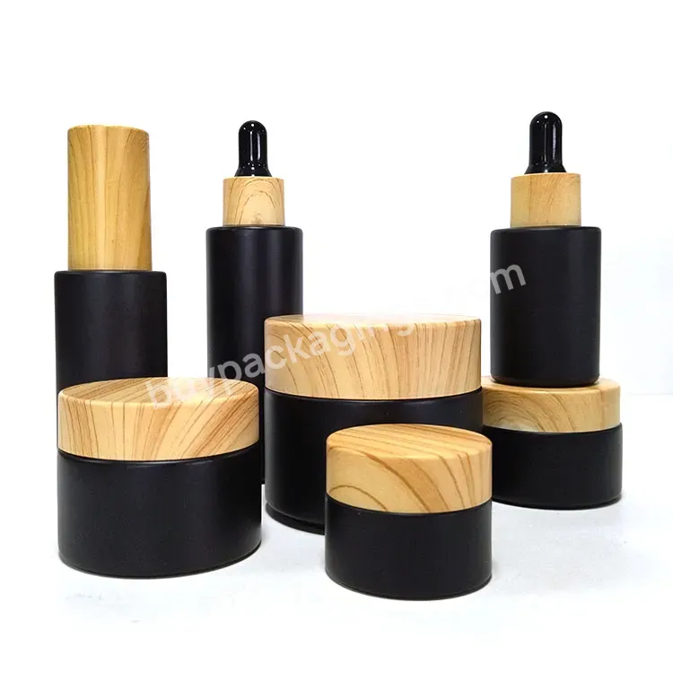 Custom Logo Empty Round Black 30ml Glass Frosted Serum Facial Oil Bottle 50ml 60ml With Wood Transfer Dropper Lids