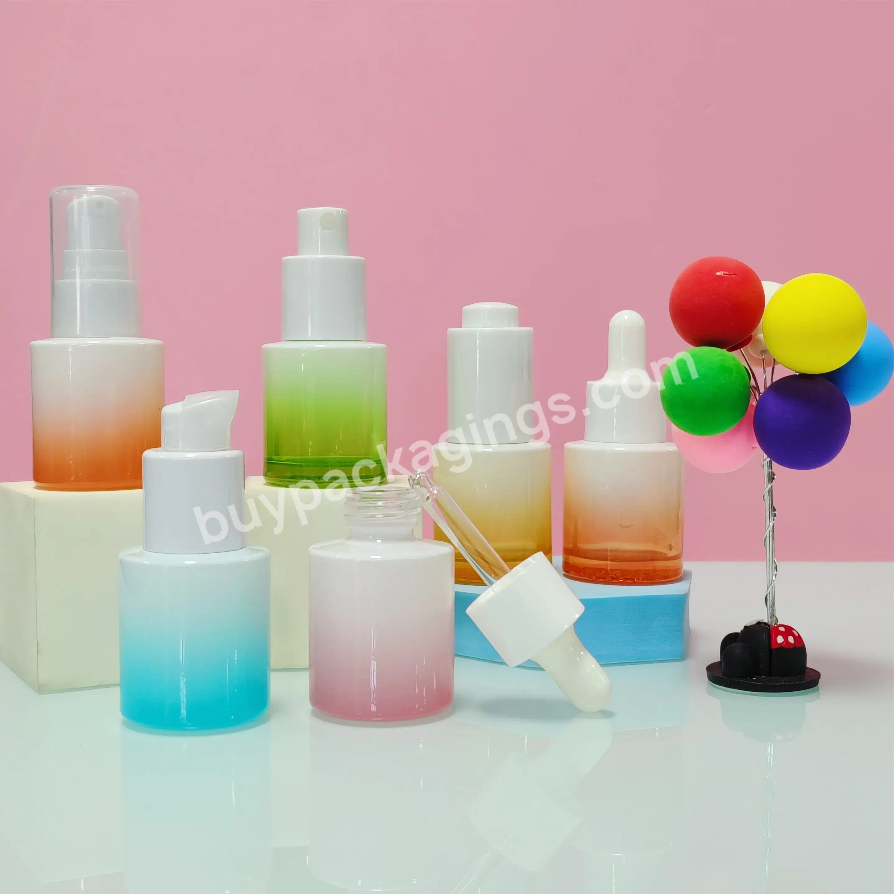 Custom Logo Empty Round Gradient Pink Blue Green Colorful Spray Pump Essential Oil Eye Cream Glass Dropper Bottle