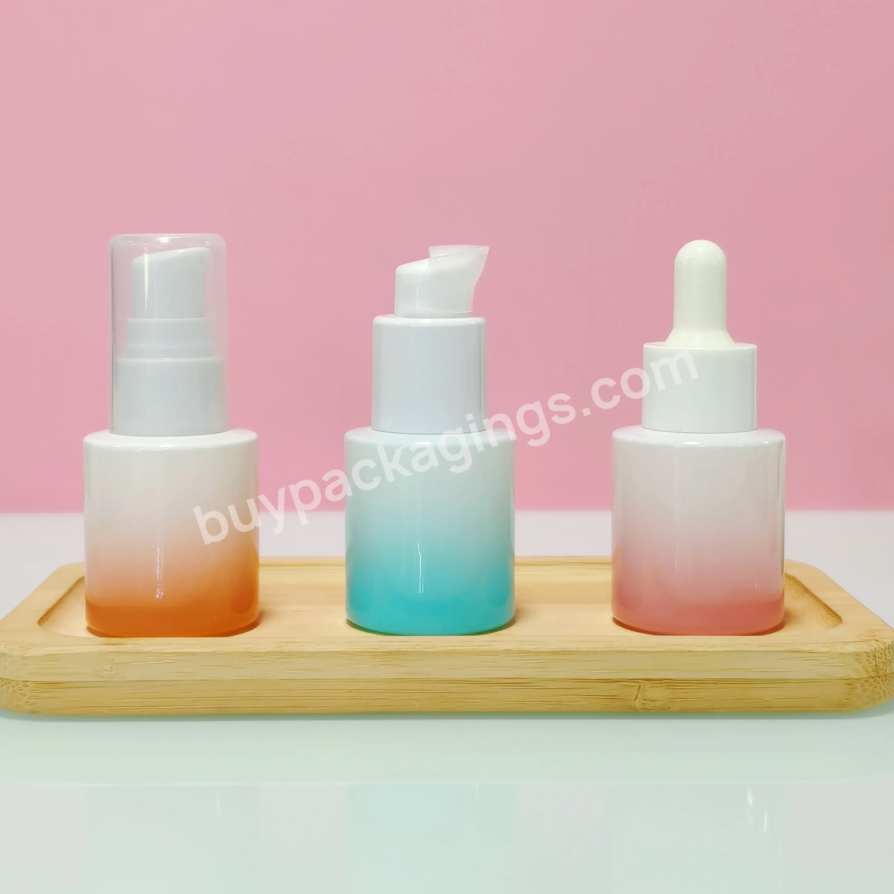 Custom Logo Empty Round Gradient Pink Blue Green Colorful Spray Pump Essential Oil Eye Cream Glass Dropper Bottle