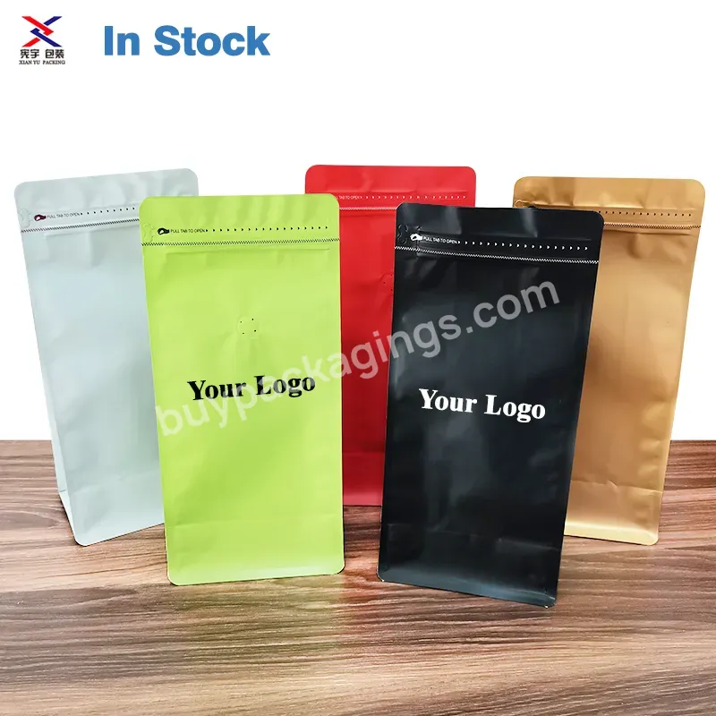 Custom Logo Factory Food Grade Eight Side Sealed Flat Bottom Coffee Bag With Zipper And Valve