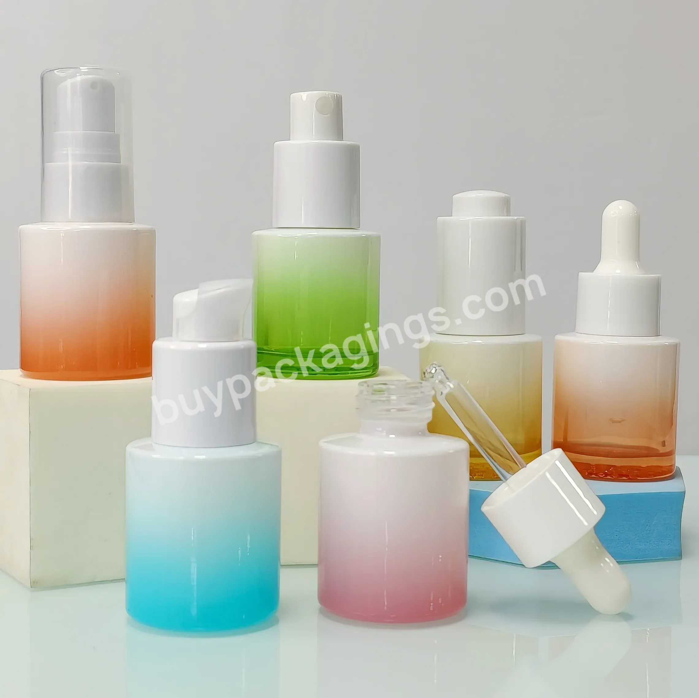 Custom Logo Flat Shoulder Cosmetic Packaging 20ml Gradient Blue Green Pink Essential Oil Face Cream Glass Bottle