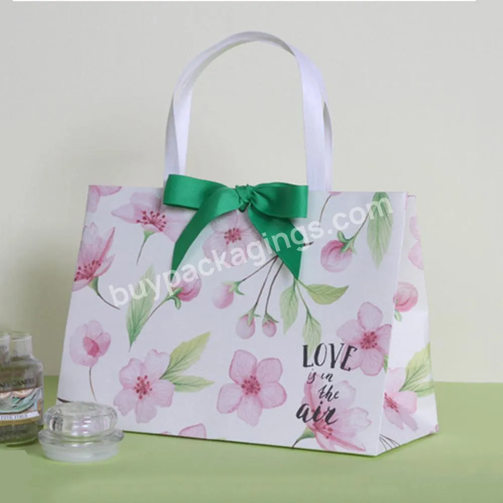 Custom Logo Floral Printed Luxury Paper Packaging Gift Shopping Bag With Ribbon Closure