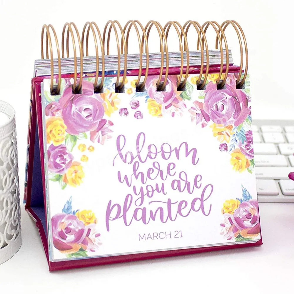 Custom Logo Floral Printed Paper Desk Mini Cute Spiral 365 Day To Page Perpetual Inspirational Calendar