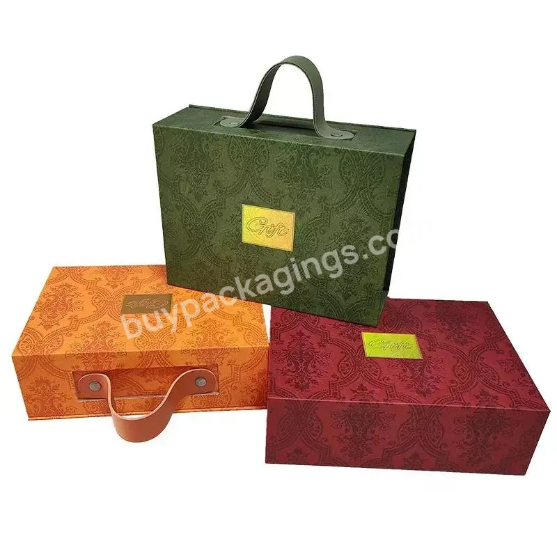 Custom Logo Gift Box Magnetic Box With Lid Pu Leather Handle Sturdy Cardboard Clothing /shoes Packaging Fashion Green Boxes