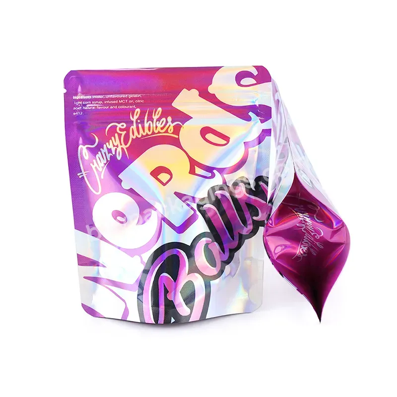Custom Logo Gold Dye Cut Hologram Mylar Smell Proof Zip Lock Laser Plastic Zip Stand Up Holographic Resealable Bags