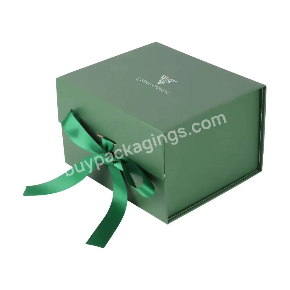 Custom Logo Green Foldable Rigid Magnetic Closure Skincare Gift Box With Ribbon