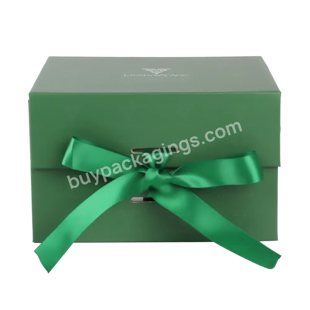Custom Logo Green Foldable Rigid Magnetic Closure Skincare Gift Box With Ribbon