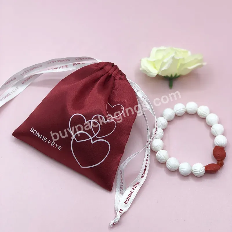 Custom Logo Jewelry Pouch Silk Hair Red Bag Wig Extensions Packaging Dust Beauty Cosmetic Satin Drawstring Bag For Hair