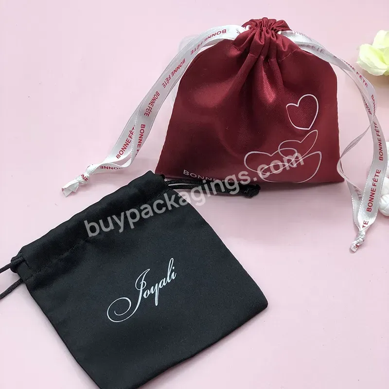 Custom Logo Jewelry Pouch Silk Hair Red Bag Wig Extensions Packaging Dust Beauty Cosmetic Satin Drawstring Bag For Hair