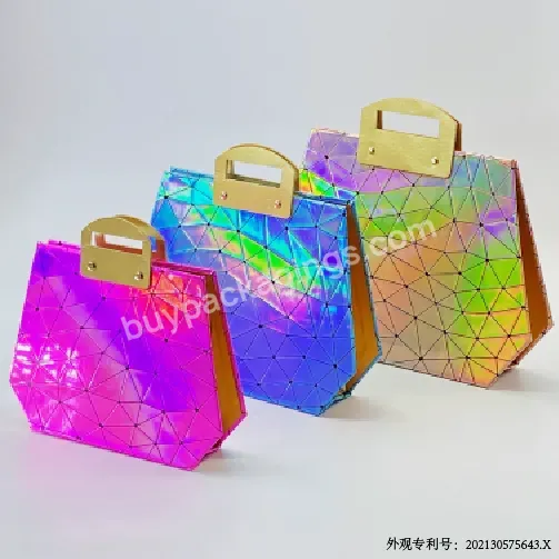 Custom Logo Luxury New Products Geometric Hologram Bags Cosmetic Pouch Luminous Pu Handle Cosmetic Bags For Paper Makeup Storage