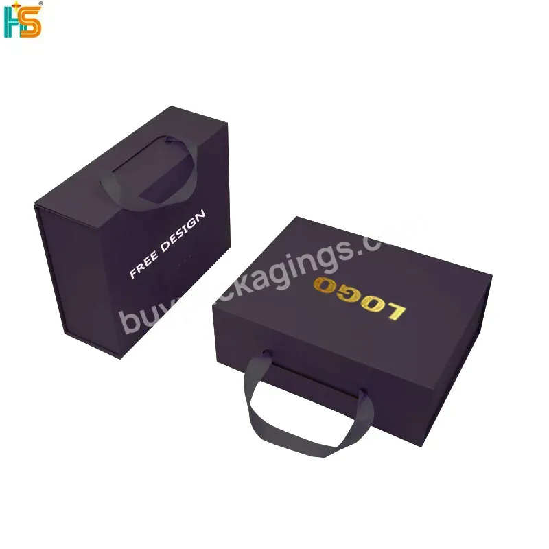 Custom Logo Luxury Paper Big Black Gold Folding Rigid Hardbox Magnet Magnetic Gift Packaging Box With Ribbon Handle