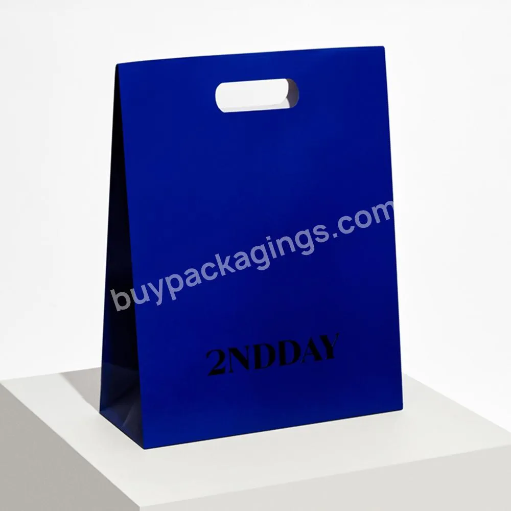 Custom  Logo Luxury Paper Blue Apparel Packaging Gift Shopping Bag Paperbag With Die Cut Handle