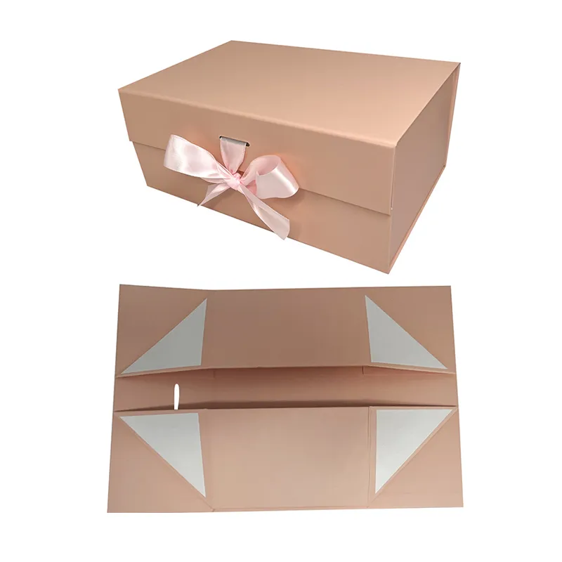 Custom Logo Luxury Pink Cardboard Magnetic Folding Gift Box With Ribbon Closure
