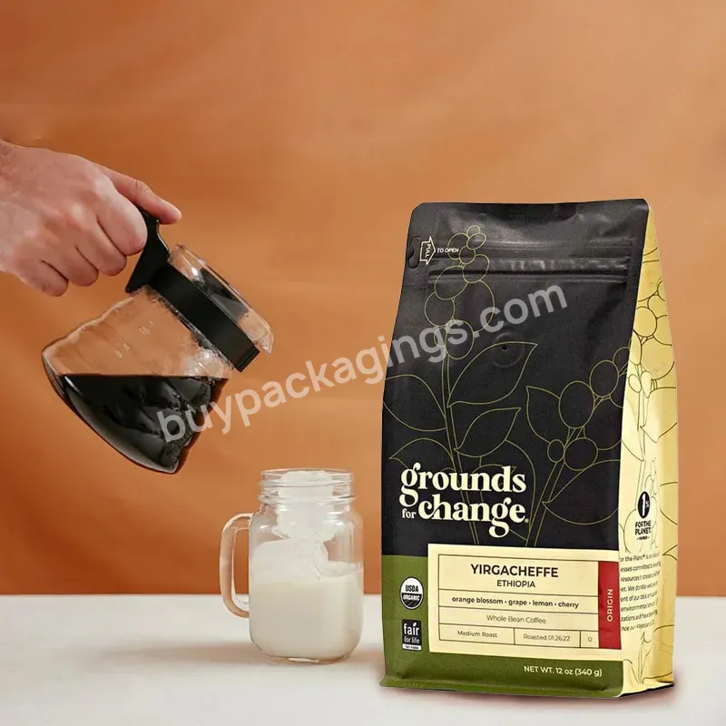 Custom Logo Matte 340g Flat Bottom Ziplock Brown Kraft Paper Coffee Packaging Bags With Zipper