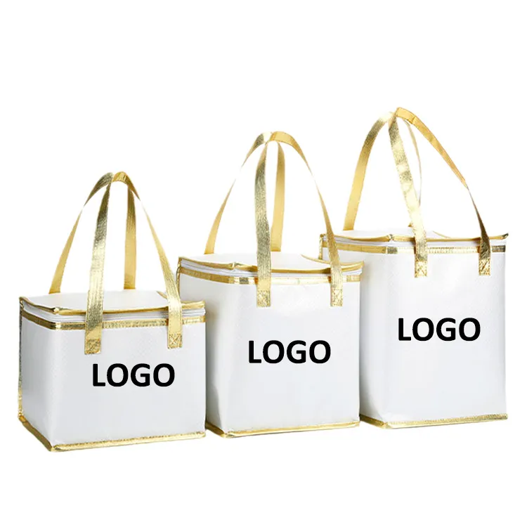 Custom logo outdoor portable aluminum foil zipper white metallic food delivery thermal insulated seafood cake cooler bags for