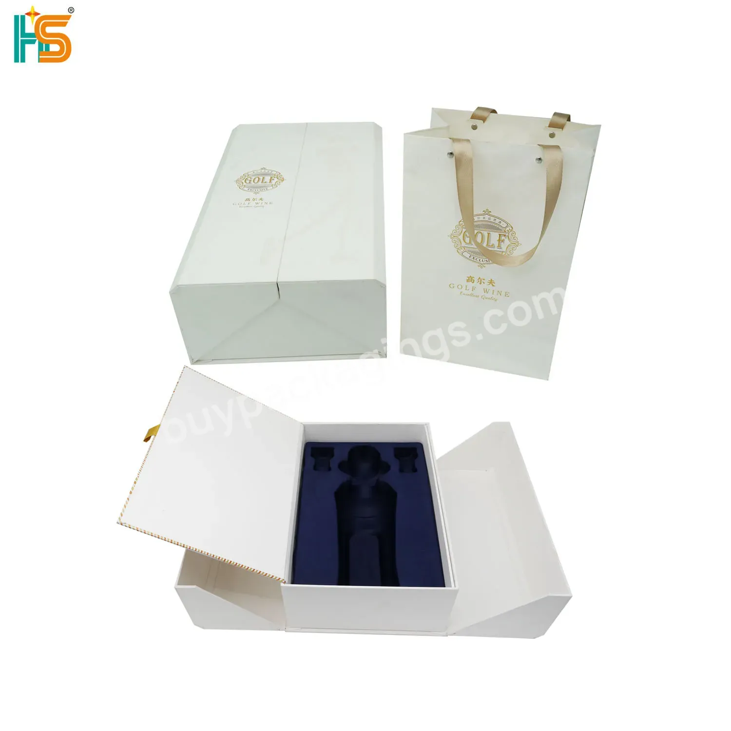 Custom Logo Packaging Gold Foil Logo Luxury Double Door Open White Wine Set Gift Box Bag