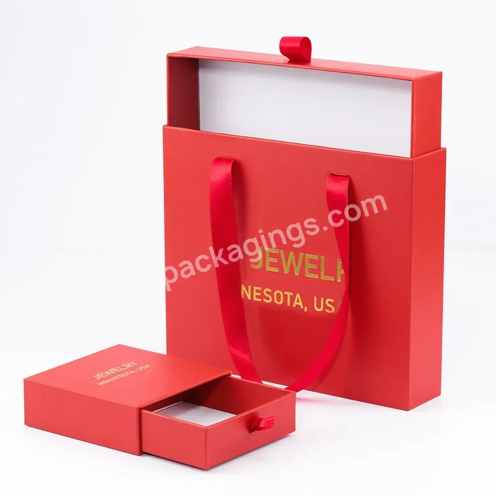 Custom Logo Paper Drawer Jewelry Packaging Box Sliding Drawer Thin Rigid Cardboard Jewellery Packing Box Ring With Ribbon