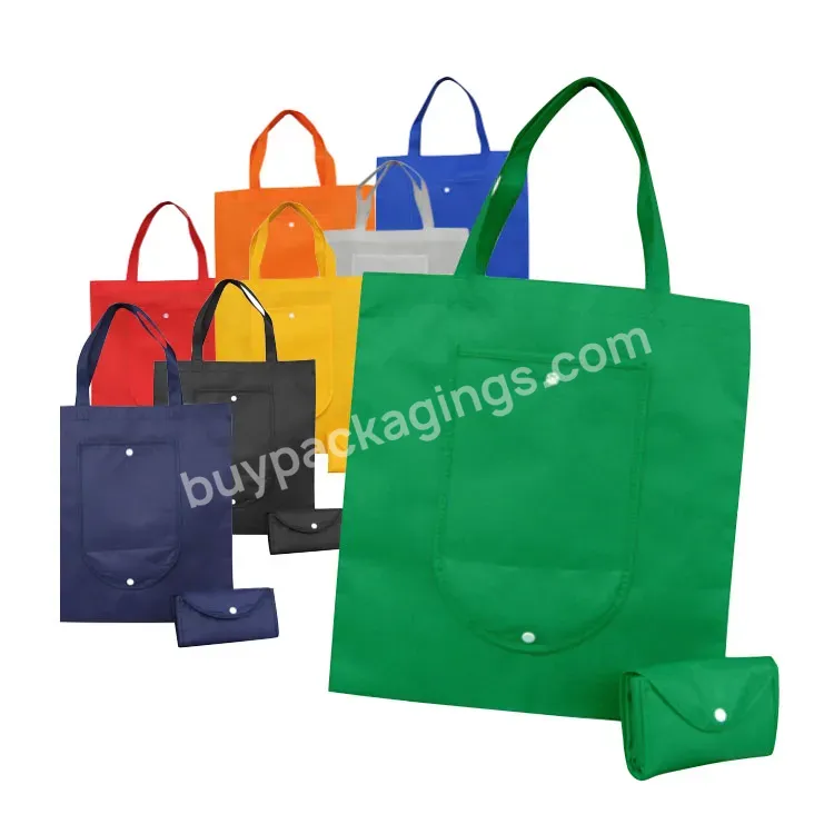 Custom Logo Pattern Extra Large Eco Reusable Recycle Rpet Fabric Grocery Folding Tote With Button Pouch Foldable Shopping Bag